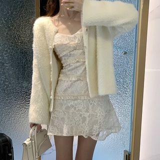 Plain Cardigan / Lace Slim-fit Dress