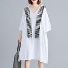 Scarf Panel Elbow-sleeve T-shirt Dress White - One Size