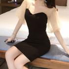 Mesh Panel Elbow-sleeve Mini A-line Dress