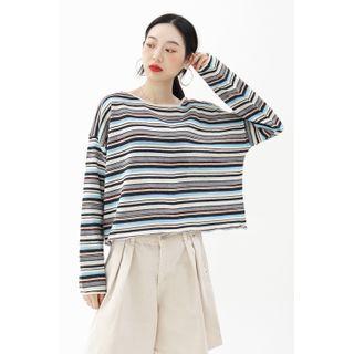Drop-shoulder Cropped Stripe T-shirt Blue - One Size