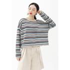 Drop-shoulder Cropped Stripe T-shirt Blue - One Size