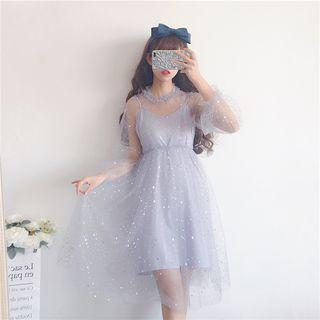Set: Sequin Long-sleeve Mesh Dress + Slipdress Set - Light Blue - One Size