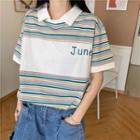 Letter Embroidered Collared Striped Short-sleeve T-shirt