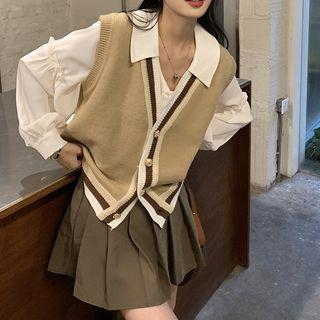 Set: Contrast Trim Sweater Vest + Puff-sleeve V-neck Blouse + Mini Pleated Skirt