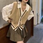 Set: Contrast Trim Sweater Vest + Puff-sleeve V-neck Blouse + Mini Pleated Skirt
