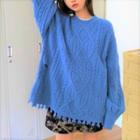 Cable Knit Fringed Sweater Blue - One Size