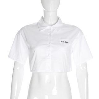 Letter Embroidered Short-sleeve Cropped Blouse