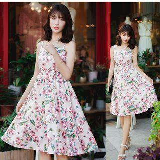 Spaghetti-strap Rose Print A-line Dress
