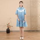 Elbow-sleeve Indigo Dyed Shirt Dress Blue & White - One Size