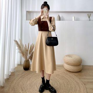 Set: Long-sleeve Midi A-line Dress + Square-neck Vest