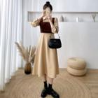 Set: Long-sleeve Midi A-line Dress + Square-neck Vest