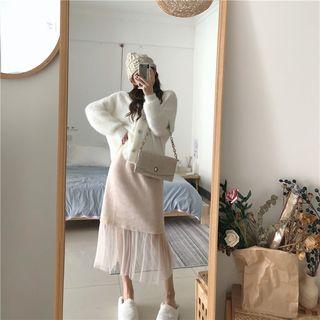 Mesh Panel Woolen Midi Skirt
