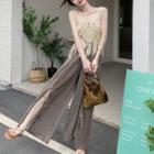 Fringed Knit Cropped Camisole Top / Print Slit Wide Leg Pants