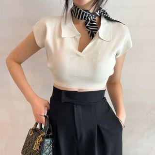 Short-sleeve V-neck Collared Plain Slim Fit Cropped Cardigan