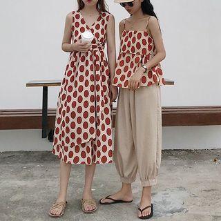 V-neck Dotted Sleeveless Dress / Dotted Camisole Top / Elastic Waist Cropped Pants