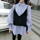 Set: Tie-sleeve Striped Shirt + V-neck Camisole Top