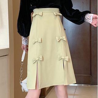 High-waist Bow-accent Slit A-line Midi Skirt