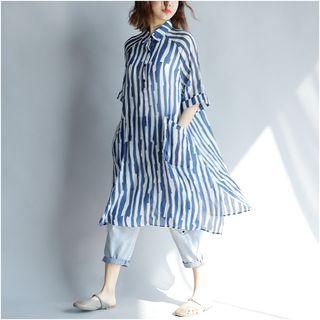 Elbow-sleeve Striped Long Shirt Stripes - Blue & White - One Size