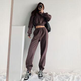 Set: Brushed Loose-fit Cropped Hoodie + High-waist Jogger Pants