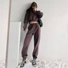 Set: Brushed Loose-fit Cropped Hoodie + High-waist Jogger Pants