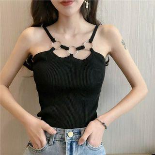 Camisole Hoop Plain Perforated Slim Fit Knit Top