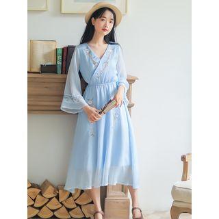 3/4-sleeve Lace Trim Embroidered Chiffon A-line Midi Dress