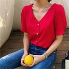 V-neck Puff-sleeve Linen Blend Blouse Red - One Size