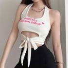 Lettering Cutout Tie-strap Halter Top White - One Size