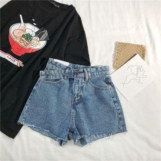 Asymmetric High-waist Frayed Denim Shorts