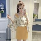 Set: Off-shoulder Floral 3/4-sleeve Top + High Waist Mini Skirt