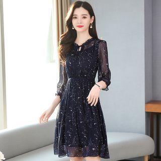 3/4-sleeve Star Print Chiffon A-line Dress