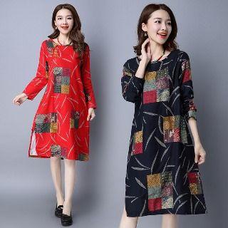 Long-sleeve Printed Slit-side Dress