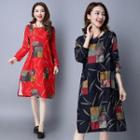 Long-sleeve Printed Slit-side Dress