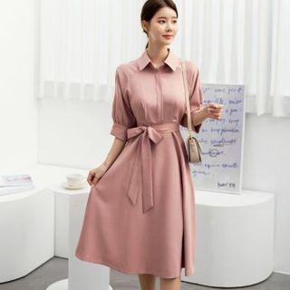 Elbow-sleeve Half-placket Dress With Sash