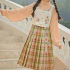 Long-sleeve High Neck Blouse / Camisole Top / Plaid Pleated Midi A-line Skirt