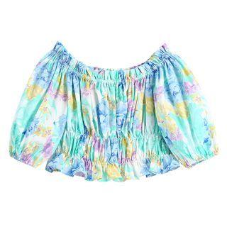 Puff-sleeve Off-shoulder Print Cropped Blouse