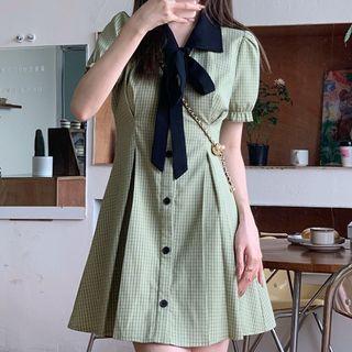 Short-sleeve Bow Gingham Check Mini Shirt Dress