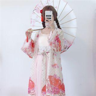 Mesh Panel Spaghetti Strap Dress / Printed Open-front Jacket