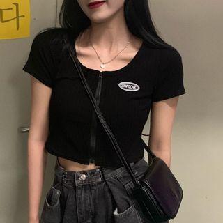 Short-sleeve Zip Cropped Knit Top
