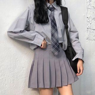 Shirt With Plaid Tie / Mini Pleated Skirt