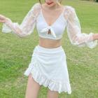 Set: Lace-sleeve Swim Top + Drawstring Swim Skirt