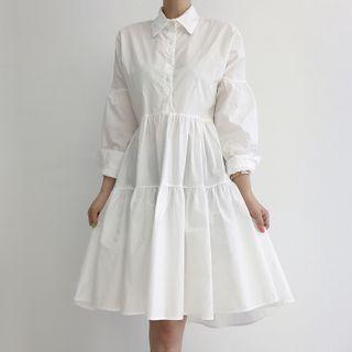 Puff-sleeve A-line Shirtdress / V-neck Sweater Vest