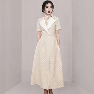 Short-sleeve Argyle Print Midi A-line Dress