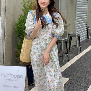 Puff-sleeve Collared Frill Trim Floral Print Midi A-line Dress