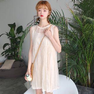 Set: Sleeveless Mesh Dress + Plain Slipdress