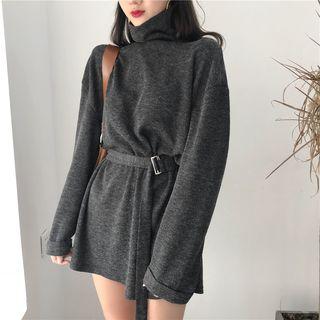 Long-sleeve Tie-waist Turtleneck Mini Dress Dark Gray - One Size