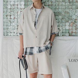 Mock Two-piece Short-sleeve Plaid Panel Shirt