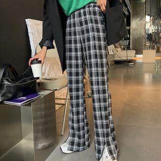 Plaid Slit-hem Wide Leg Pants