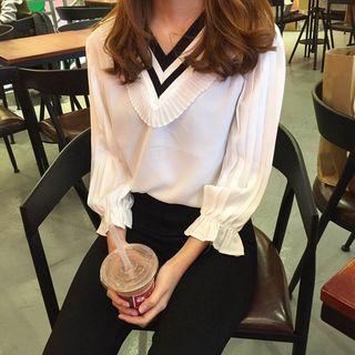 V-neck Pleated Sleeve Chiffon Blouse