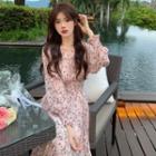 V-neck Floral Long-sleeve Dress As Shown As Image - One Size